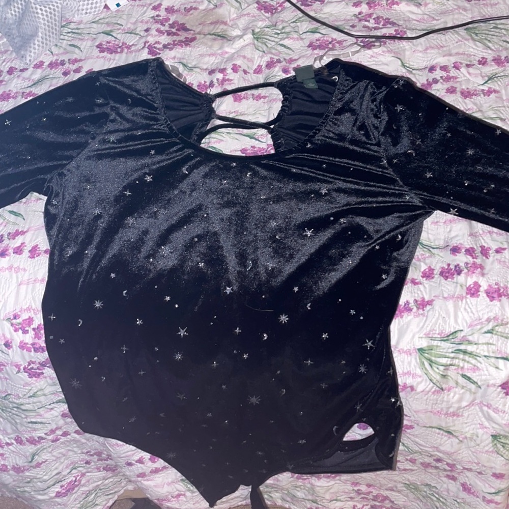 Target Wild Rose Black Velvet Open-Back Bodysuit with Metallic Silver Stars